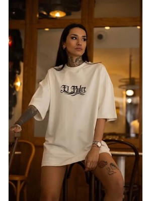 Veraura Lifestyle Unisex Bisiklet Yaka Baskılı Oversize T-Shirt - Beyaz