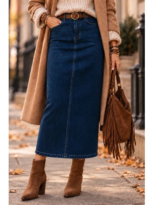 Dema Kadın Koyu Mavi Pamuklu Denim Etek