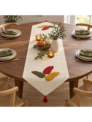 Buldan Natura Başak Renkli Yaprak Punch Nakışlı Pamuk Dokuma Dekoratif Runner – Renk: Natural – 40×130 cm