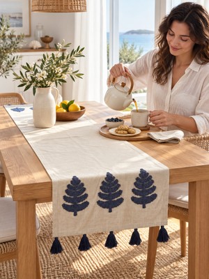 Buldan Natura Üçlü Ağaç Nakışlı Püsküllü Dekoratif Runner 40×130 cm – Renk: Lacivert