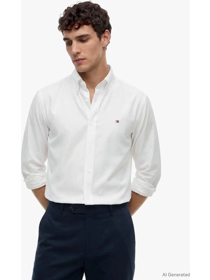 Tommy Hilfiger Beyaz Erkek Gömlek MW0MW42936YBR_CL Oxford Solıd Shır