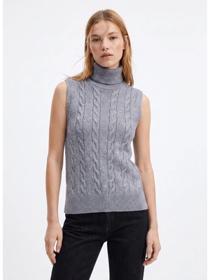 Fabrika Gri Kadın Dik Yaka Regular Fit Saç Örgü Kazak F6WL-KZK0044