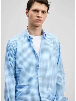 Lufian Lufıan Mavi Erkek Slim Fit Pötikare Gömlek Marco