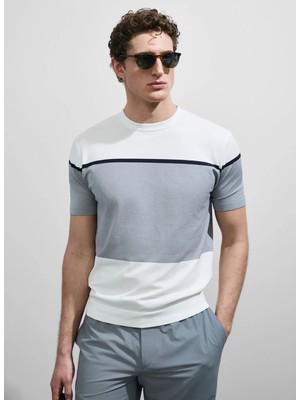 Lufian Lufıan Beyaz-Gri Erkek Bisiklet Yaka Slim Fit Şeritli T-Shirt Enzo