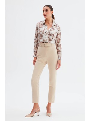 Sateen Yüksek Bel Kemerli Pantolon - Bej