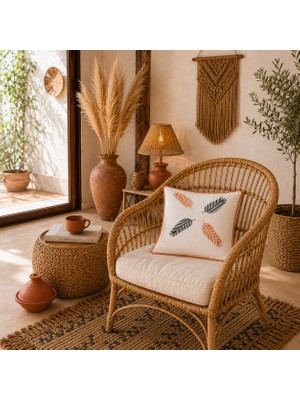 Ödel Buldan Naturel&hardal-Biyeli, Tropik Yaprak Baskılı Dekoratif Kırlent Kılıfı 40X40 cm