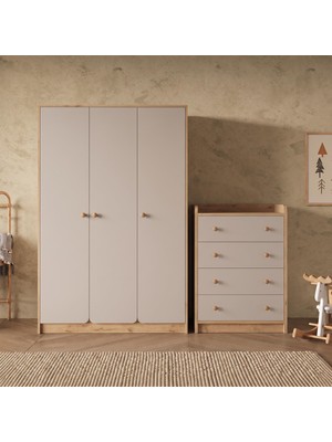 Bimossa TK3120 Daffy Bebek ve Çocuk Odası Seti Sepet-Kumtaşı - Geniş Gardırop ve Dört Çekmeceli Şifonyer