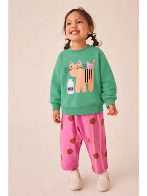 Monila Kız Çocuk Yeşil Kedi Baskılı Pamuklu Sweatshirt ve Pembe Puantiyeli Eşofman Alt Üst Takım