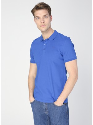 Fabrika Indigo Renkli Polo Yaka Erkek T-Shirt Kısa Kol Günlük Tarz S Beden