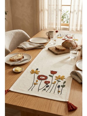 Dokuvia Poppy Garden Punch Nakışlı Çiçekli Runner 40X130 cm Pamuk Panama Keten