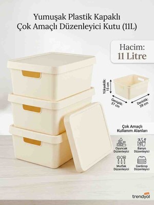 Ness Global 3'lü Set Yumuşak Plastik Kapaklı Çok Amaçlı Düzenleyici Kutu 11 Litre (37X28X15 Cm) – Mutfak, Banyo & Dolap Içi Saklama Seti