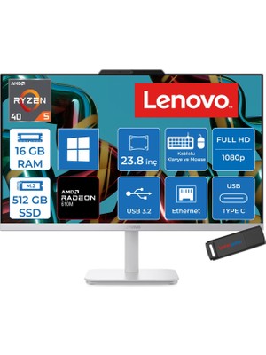 Lenovo A105 24 Aıo Amd Ryzen™ 5 40 Up To 4.3ghz 16GB Ddr5 512GB SSD Amd Radeon™ 610M 23.8" Fhd (1920X1080) IPS Anti-Glare 250NITS, WIN11HOME Allınone Bilgisayar F0JS000JTRH02+ZETTAUSBBELLEK