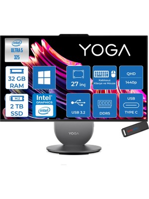 Lenovo Yoga Aıo 27IPH11 Intel Core Ultra 5 325 Aı Up To 4.5ghz 32GB Ddr5 2tb SSD Pivot 27" Qhd (2560X1440) IPS 350NITS 120Hz 99% Srgb WIN11HOME Allınone Bilgisayar 27IPH11U5H04+ZETTAUSBBELLEK