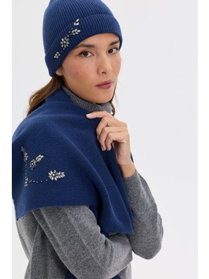 Desen Triko Kadın Taşlı Işlemeli Yün Bere Indigo