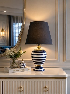 Feray Home Abajur - Sultan Lacivert Zebra Siyah Şapka Gold