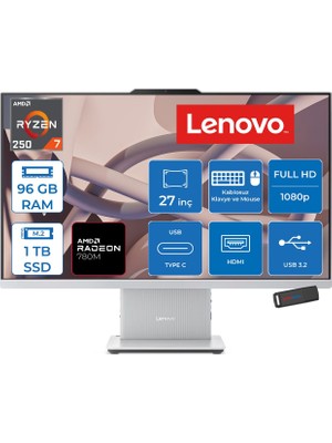 Lenovo Ideacentre Aıo 27AKP10 Amd Ryzen™ 7 250 Aı Upto 5.1ghz 96GB Ddr5 1tb SSD Amd Radeon™ 780M 27" Fhd (1920X1080) IPS 300NITS Freedos Allınone Bilgisayar F0JE002STRF33+ZETTAUSBBELLEK
