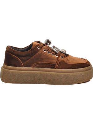 Guja Kahve Nubuk Bağcıklı Kalın Tabanlı Taş Detaylı Kadın Casual Sneaker Ayakkabı 25K475