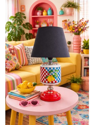 Feray Home Abajur - Oval Damalı Limonlu Desen Siyah Şapka Gümüş