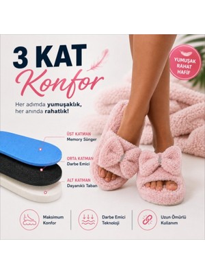 Black Flex Cozy Step 3 Katmanlı Pelush Terlik Pembe Fiyonklu 36-41