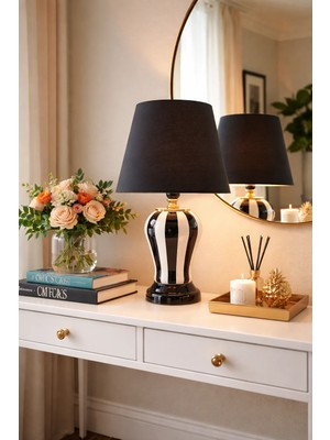 Feray Home Abajur - Şah Siyah Dik Çizgi Siyah Şapka Gold