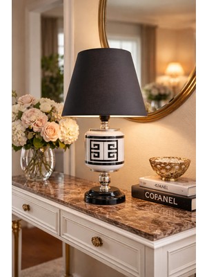 Feray Home Abajur - Oval Siyah Versa Desen Siyah Şapka Gümüş