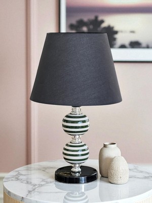 Feray Home Abajur - Toplu Yeşil Klasik Zebra Siyah Şapka Gümüş