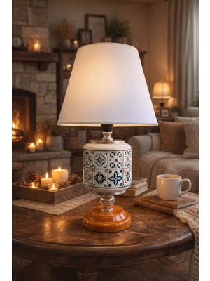 Feray Home Abajur - Oval Ceramic Desen Beyaz Şapka Gümüş
