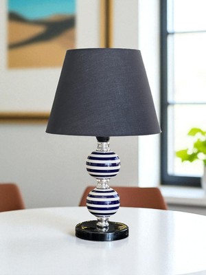 Feray Home Abajur - Toplu Lacivert Klasik Zebra Siyah Şapka Gümüş