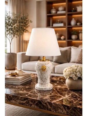 Feray Home Abajur - Şah Aslanlı Beyaz Mermer Beyaz Şapka Gold