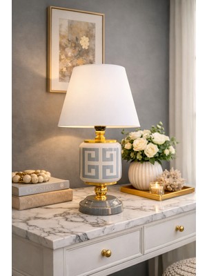 Feray Home Abajur - Oval Gri Versa Desen Beyaz Şapka Gold