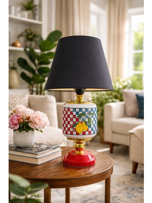 Feray Home Abajur - Oval Damalı Limonlu Desen Siyah Şapka Gold