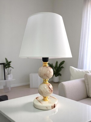 Feray Home Abajur - Toplu Kahverengi Marble Beyaz Şapka Gold