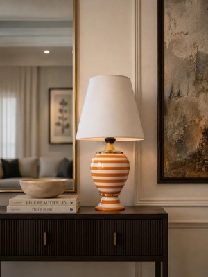 Feray Home Abajur - Sultan Soft Sarı Zebra Beyaz Şapka Gold