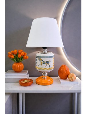 Feray Home Abajur - Oval Renkli Herm Desen Beyaz Şapka Gümüş