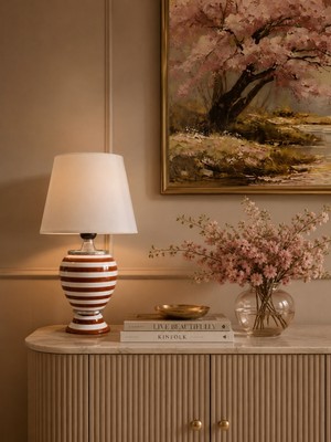 Feray Home Abajur - Sultan Kahverengi Zebra Beyaz Şapka Gümüş