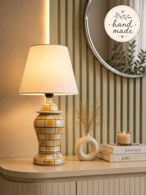 Feray Home Abajur - El Yapımı Damalı Kahverengi Beyaz Şapka Gümüş