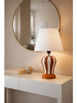 Feray Home Abajur - Şah Kahverengi Dik Çizgi Beyaz Şapka Gümüş