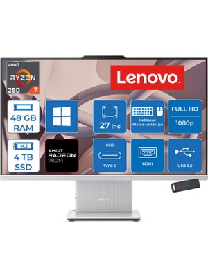 Lenovo Ideacentre Aıo 27AKP10 Amd Ryzen™ 7 250 Aı Upto 5.1ghz 48GB Ddr5 4tb SSD Amd Radeon™ 780M 27" Fhd (1920X1080) IPS 300NITS WIN11HOME Allınone Bilgisayar F0JE002STRH20+ZETTAUSBBELLEK