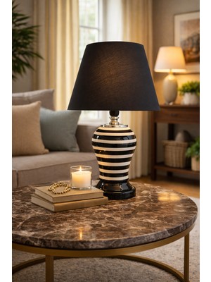 Feray Home Abajur - Şah Siyah Klasik Zebra Siyah Şapka Gümüş