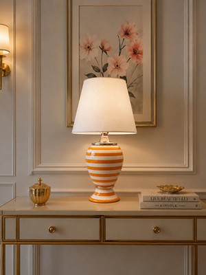 Feray Home Abajur - Sultan Soft Sarı Zebra Beyaz Şapka Gümüş