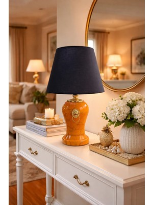 Feray Home Abajur - Aslanlı Şah Soft Sarı Mermer Siyah Şapka Gold