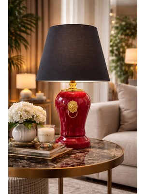 Feray Home Abajur - Aslanlı Şah Kırmızı Mermer Siyah Şapka Gold
