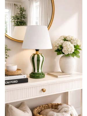 Feray Home Abajur - Şah Yeşil Dik Çizgi Beyaz Şapka Gold