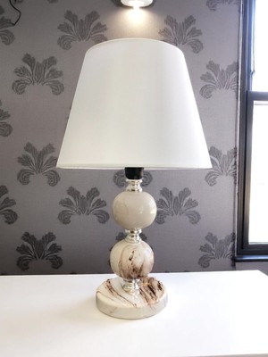 Feray Home Abajur - Toplu Kahverengi Marble Beyaz Şapka Gümüş
