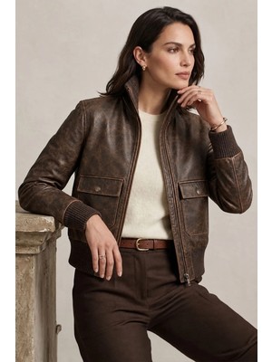 Deriderim Lara Vintage Kahverengi Hakiki Deri Bomber Ceket