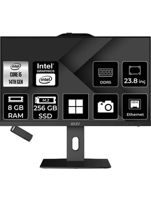 MSI Msı Pro AP242P Intel Core I5 14400 8gb Ram 256GB SSD UHD Graphics 23.8" Full Hd (1920X1080) WIN11 Pro 14M-649XEUP501 Siyah All In One Bilgisayar + Per4 USB Bellek