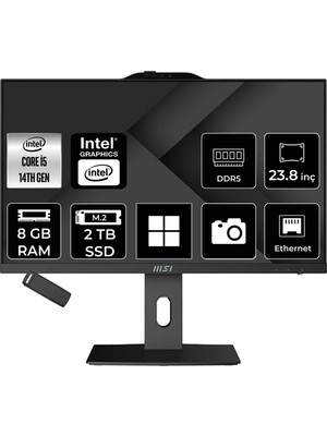 MSI Msı Pro AP242P Intel Core I5 14400 8gb Ram 2tb SSD UHD Graphics 23.8" Full Hd (1920X1080) WIN11 Pro 14M-649XEUP504 Siyah All In One Bilgisayar + Per4 USB Bellek