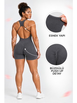 Gymhams Kadın Büzgülü Şortlu Sırt Dekolteli Spor Tulum - Seamless Fitness Jumpsuit