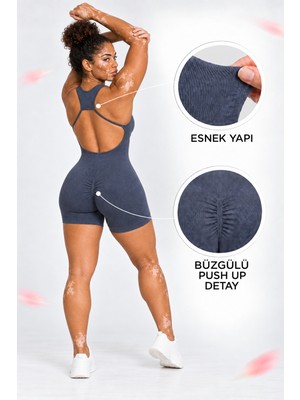 Gymhams Kadın Büzgülü Şortlu Sırt Dekolteli Spor Tulum - Seamless Fitness Jumpsuit