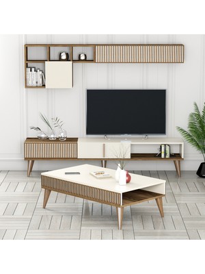 Variant Mobilya Variant Milan Ceviz / Krem Modern Tasarımlı TV Ünitesi ve Orta Sehpa Takımı Suntalam Malzeme 180 cm